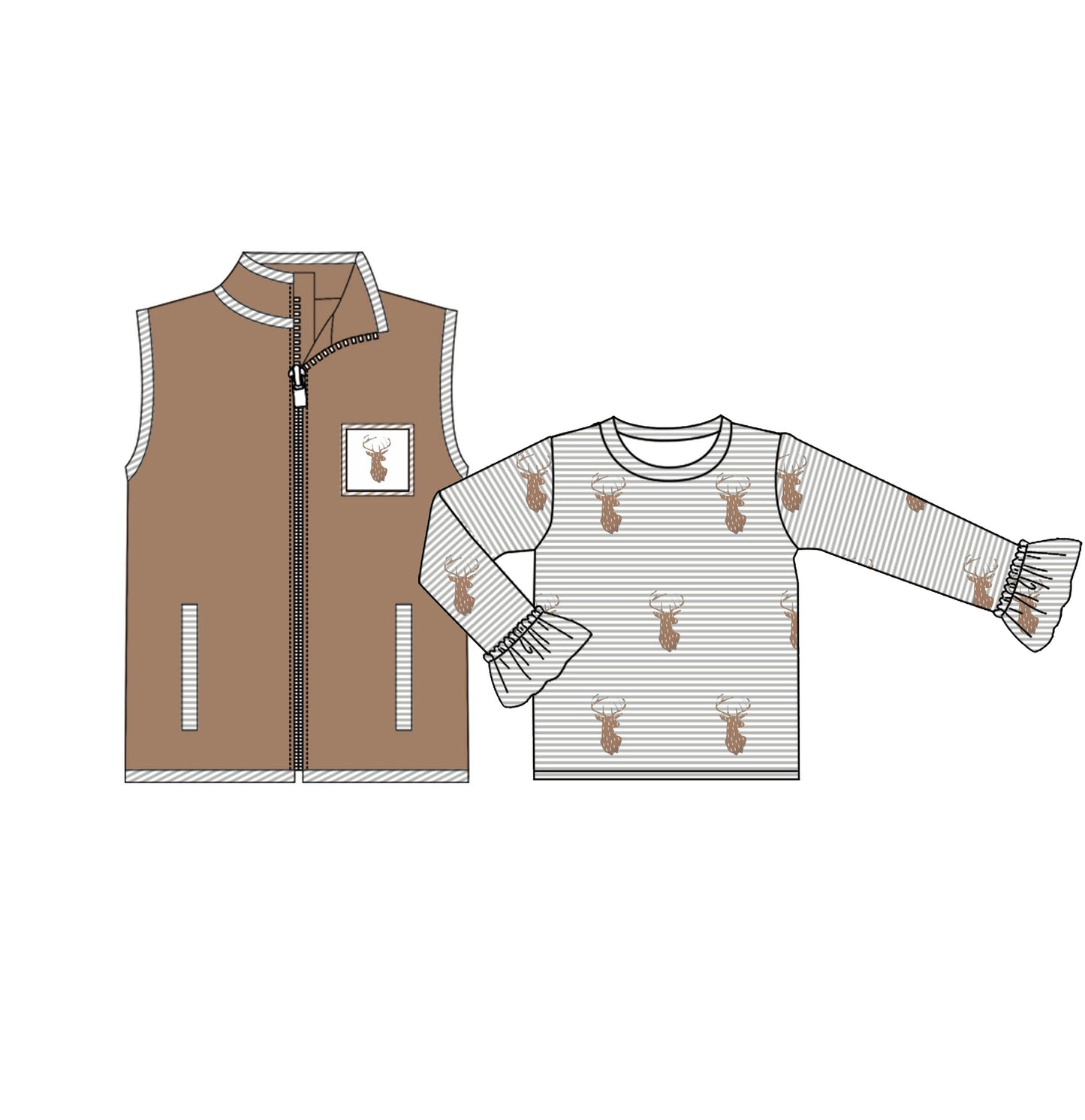 (Pre-order)GT0742  Brown Deer Vest Girls 2 Pieces Tops