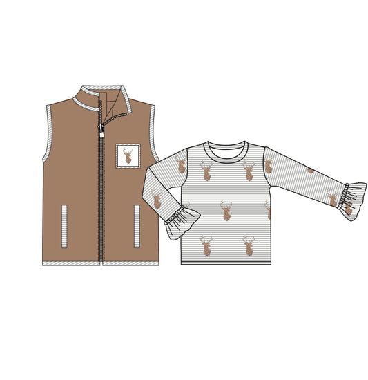 (Pre-order)GT0742  Brown Deer Vest Girls 2 Pieces Tops