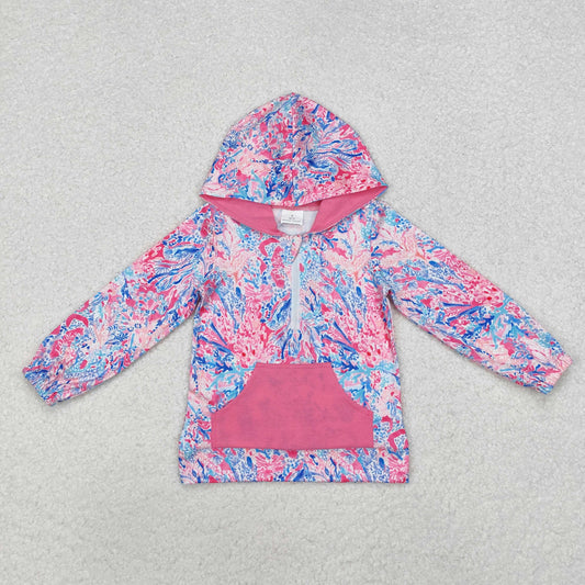 GT0745 Hotpink Seaweed Print Pocket Girls Hoodie Zipper Tee Shirts Top