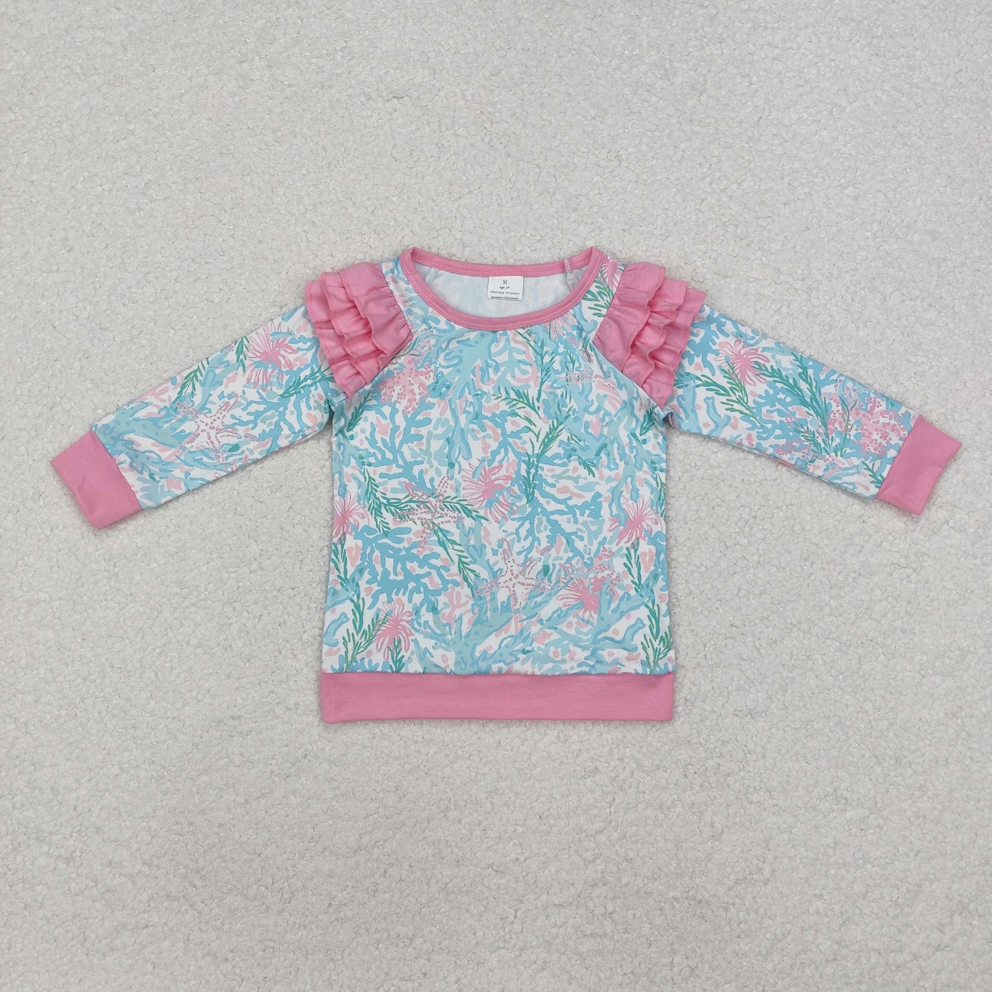 GT0763  Seaweed Flowers Pink Blue Print Girls Fall Tee Shirts Top