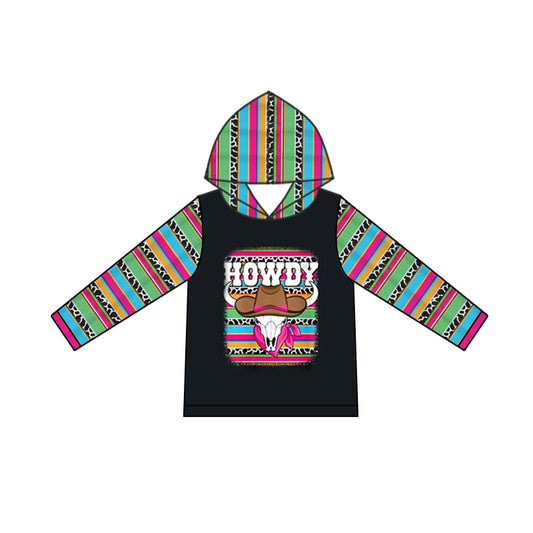 (Pre-order)GT0775  Howdy Skull Cowboy Stripes Print Girls Western Hoodie Top