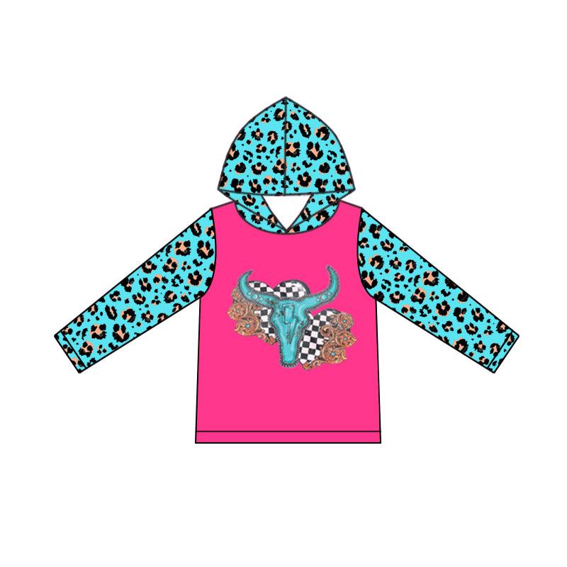 (Pre-order)GT0776  Skull Aqua Leopard Print Girls Western Hoodie Top