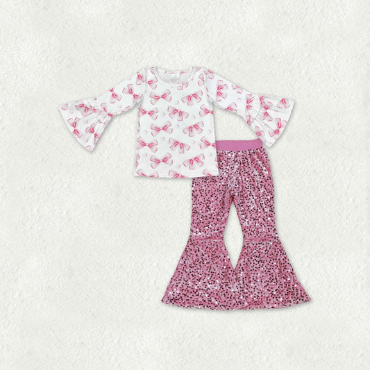GT0779+D5-27 Pink Bows Top Pink Sequin Bell Pants Girls Clothes Sets