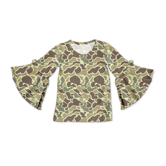 (Pre-order)GT0789  Brown Camo Print Girls Flare Sleeve Tee Shirts Top