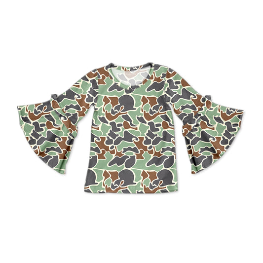 (Pre-order)GT0790  Green Camo Print Girls Flare Sleeve Tee Shirts Top