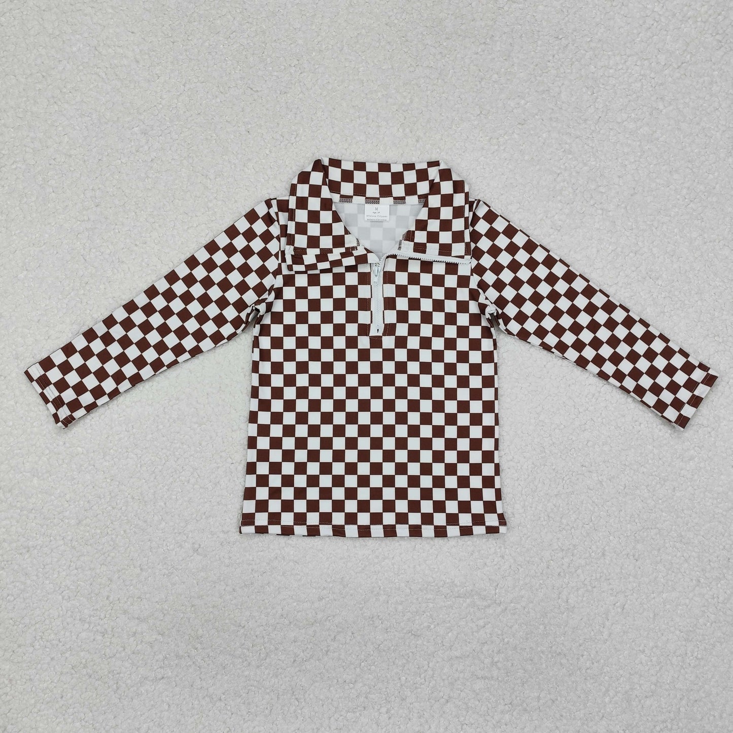 GT0793  Brown Plaid Print Girls Pullover Zipper Top