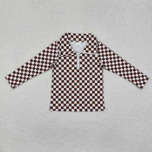 GT0793  Brown Plaid Print Girls Pullover Zipper Top