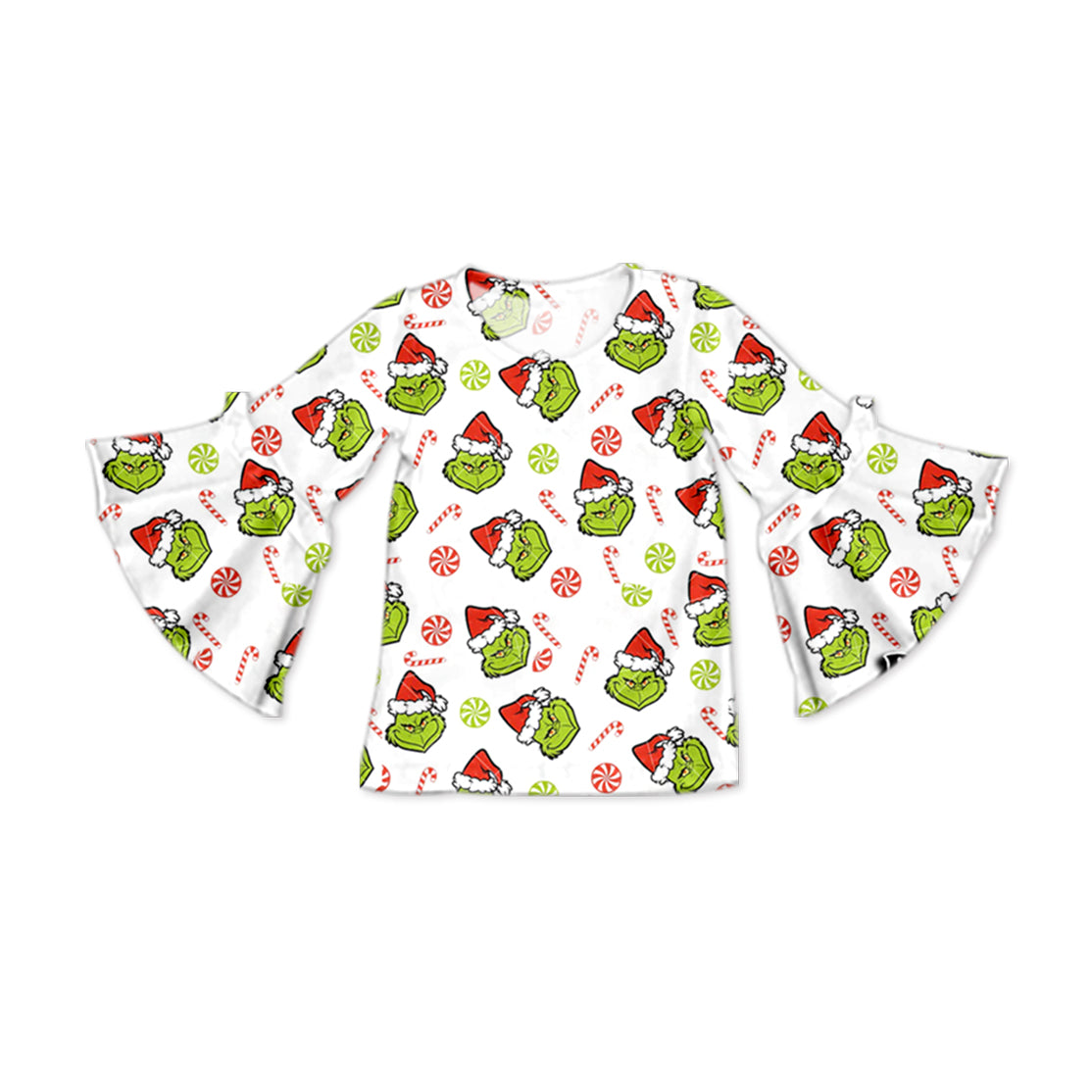 (Pre-order)GT0796  Green Frog Candy Cane Print Girls Christmas Tee Shirts Top