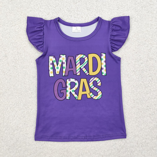 GT0814  Purple Mardi Gras Print Girls Tee Shirts Top