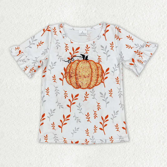 GT0824  Pumpkin Embroidery Leaf Print Girls Fall Tee Shirts Top