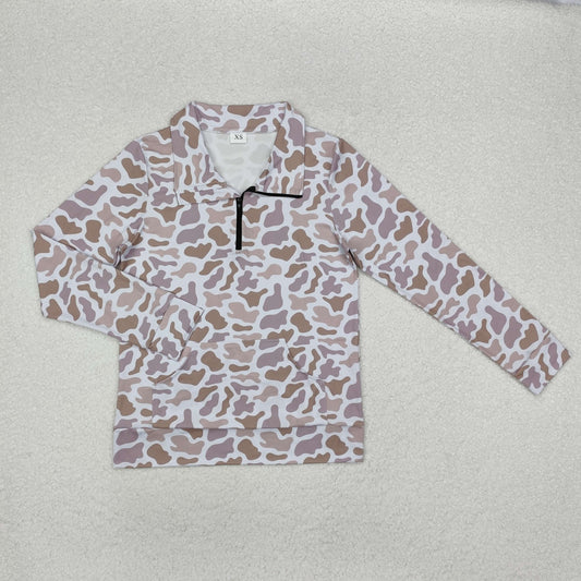 GT0831 Adult Camo Print Woman Fall Hunting Zipper Pullover Tee Shirts Top