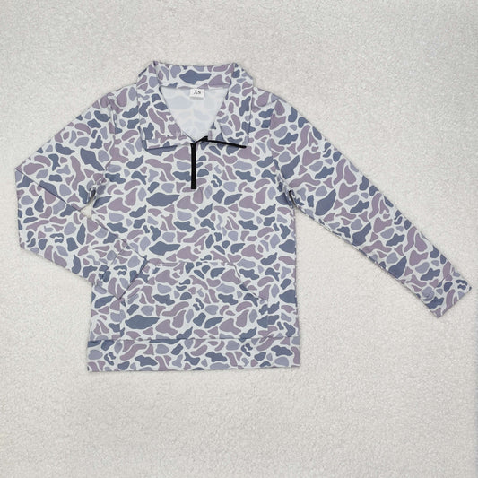 GT0832 Adult Grey Camo Print Woman Fall Zipper Pullover Top