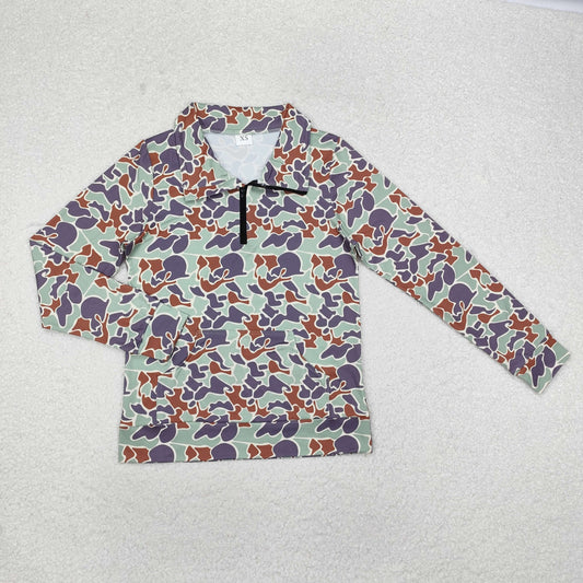 GT0833 Adult Green Camo Print Woman Fall Zipper Pullover Top