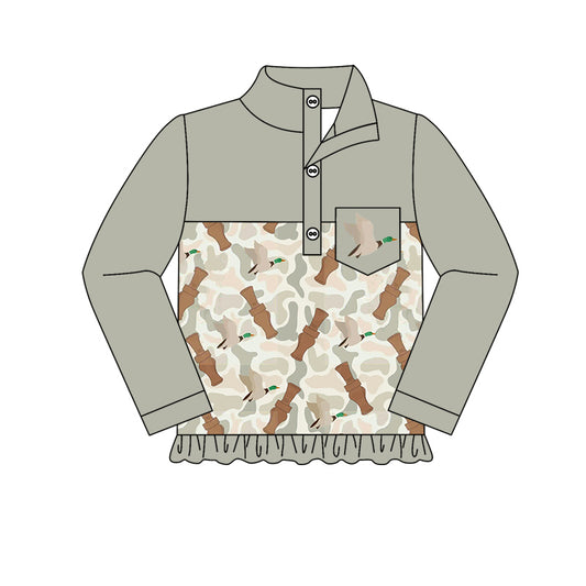 (Pre-order)GT0836 Gray Camo Duck Call Print Girls Fall Polo Top