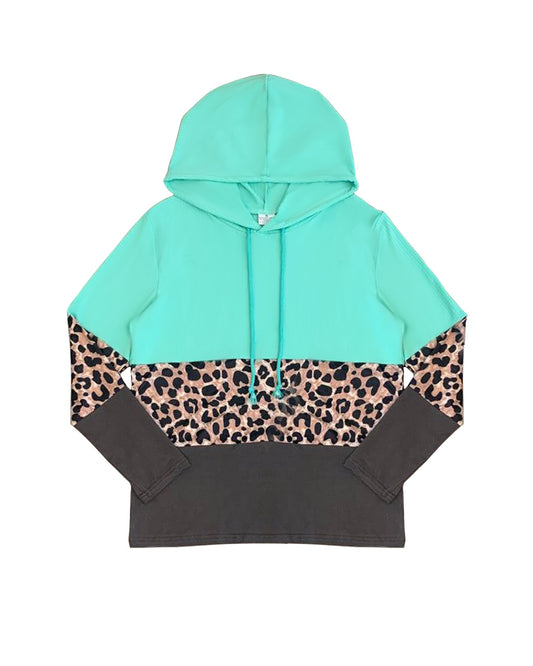 (Pre-order)GT0845 Adult Aqua Leopard Print Woman Fall Hoodie Top