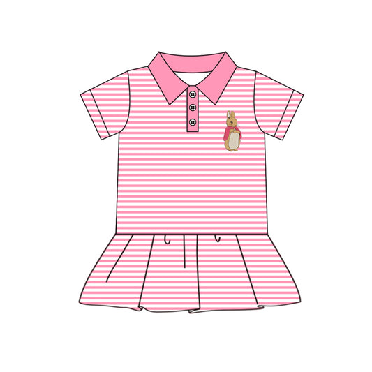 (Pre-order)GT0847 Cartoon Bunny Pink Stripes Print Girls Easter Polo Top