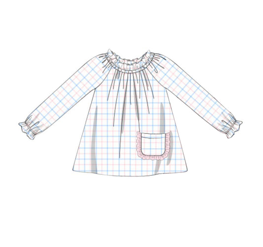 (Pre-order)GT0848 Plaid Print Pocket Girls Long Sleeve Top