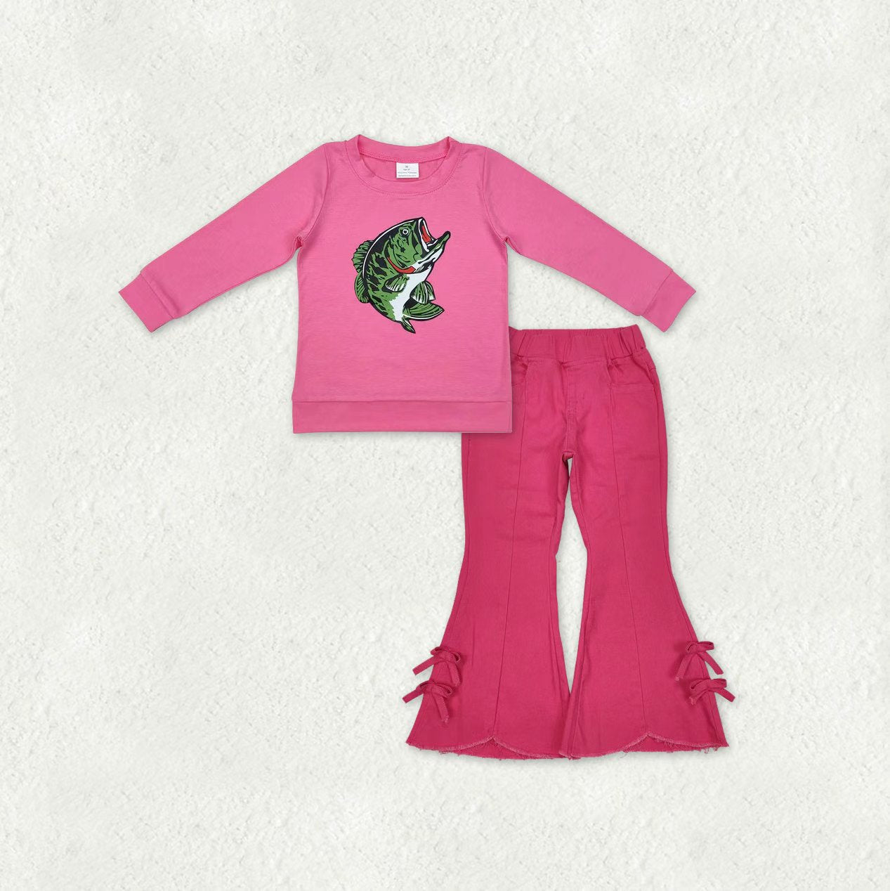 GT0870+P0731 Fish Vinyl Hotpink Top Pink Jeans Bell Pants Girls Clothes Sets