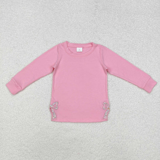 GT0872 Flowers Bow Embroidery Pink Girls Long Sleeve Tee Shirts Top