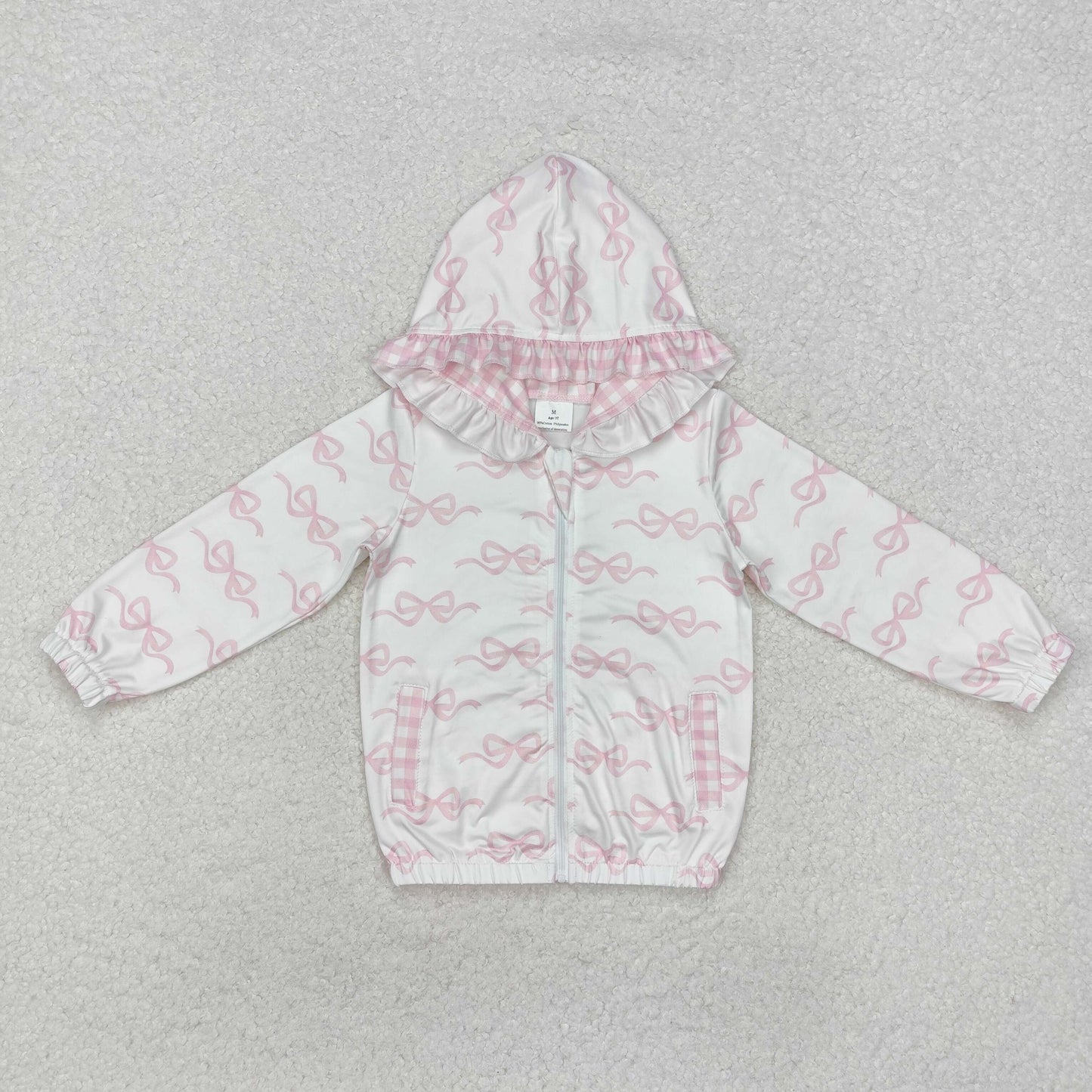 GT0873 Pink Bows White Print Girls Zipper Jackets Pockets Hoodie Top