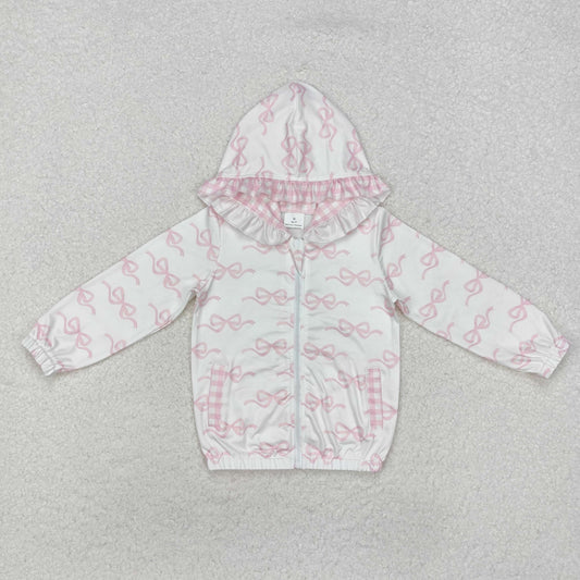 GT0873 Pink Bows White Print Girls Zipper Jackets Pockets Hoodie Top