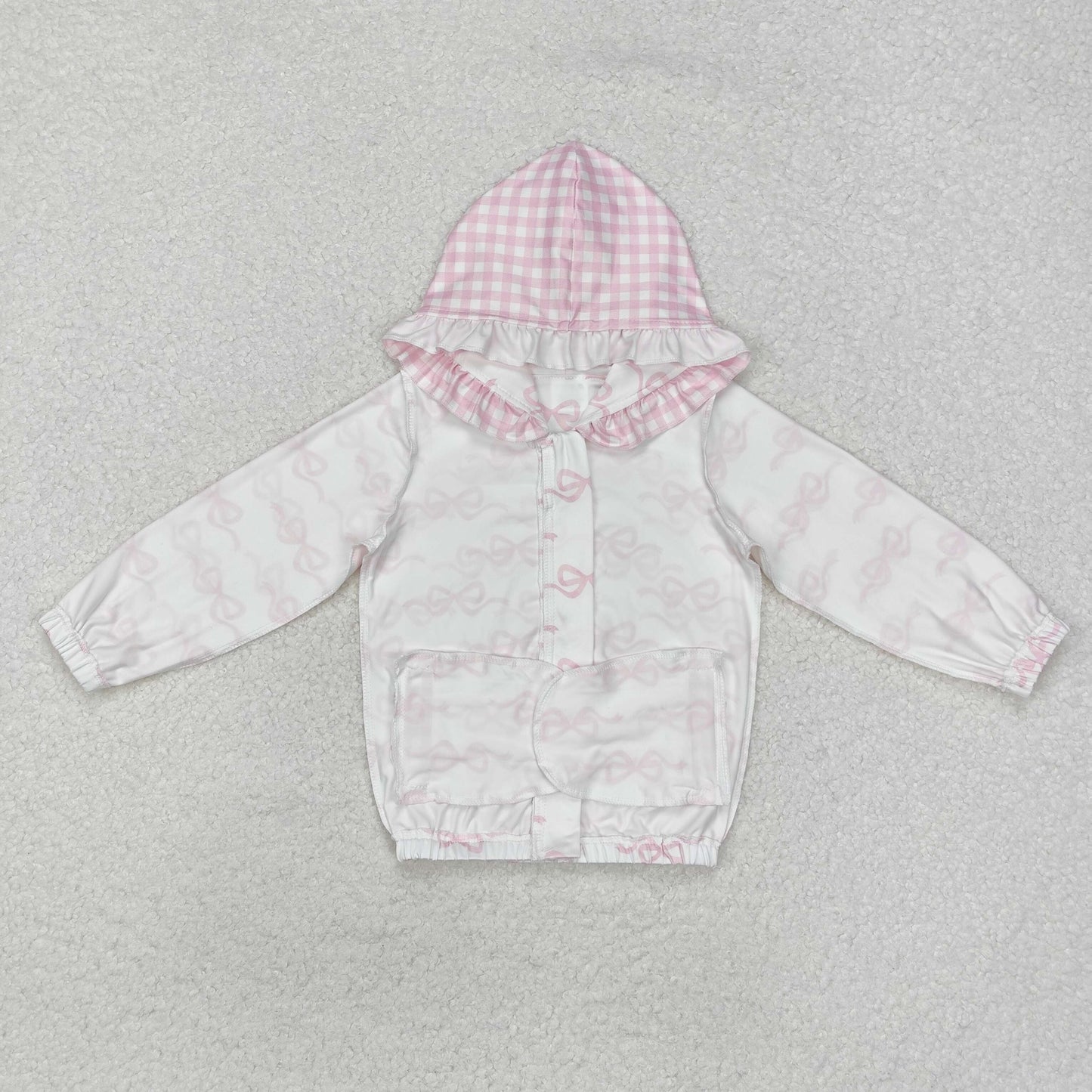 GT0873 Pink Bows White Print Girls Zipper Jackets Pockets Hoodie Top