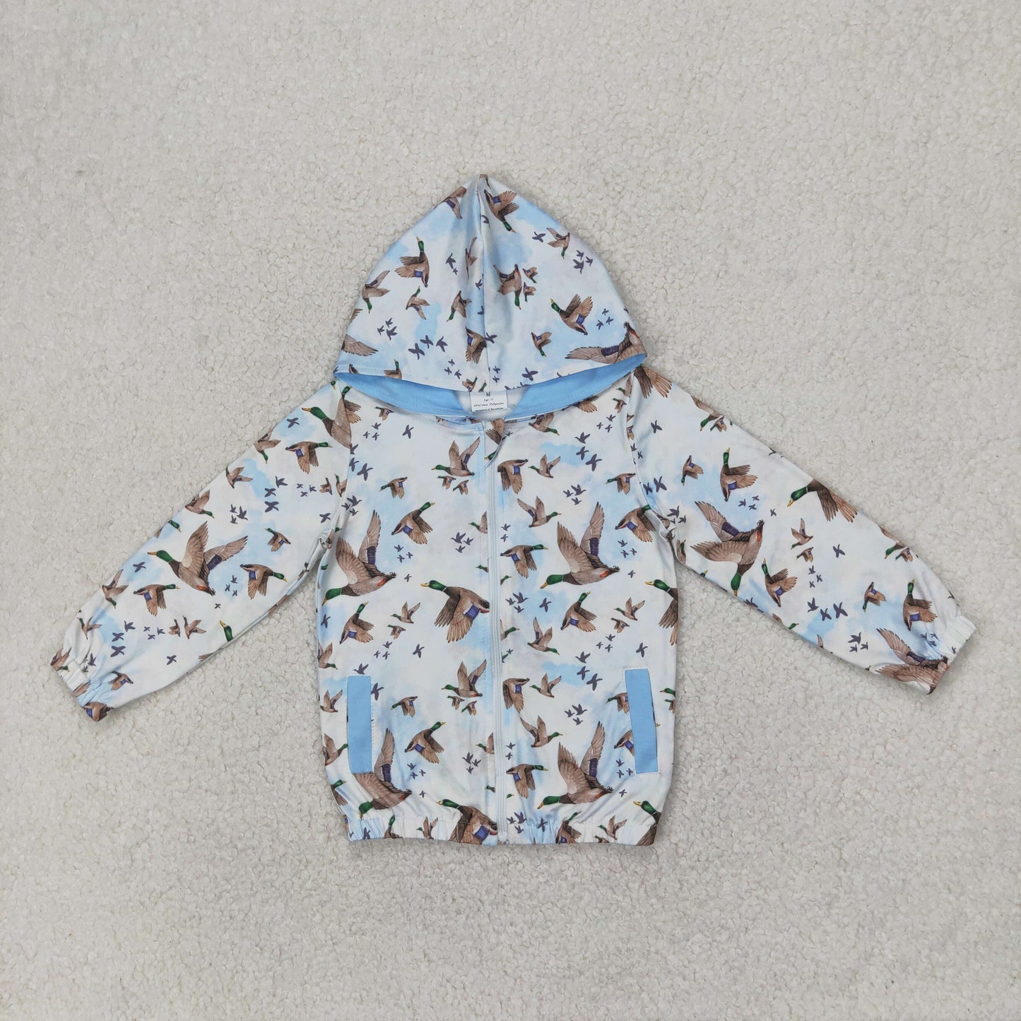 GT0875 Duck Blue Print Pockets Girls Hoodie Zipper Jackets Top