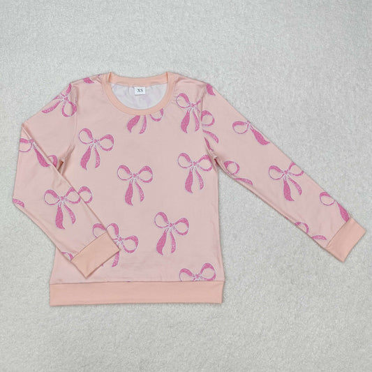 GT0878 Adult Pink Bows Print Woman Long Sleeve Tee Shirts Top