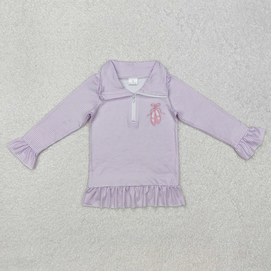 GT0887 Shoes Embroidery Purple Stripes Print Girls Zipper Pullover Tee Shirts Top