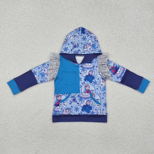 GT0890 Cartoon Princess Blue Print Girls Long Sleeve Hoodie Pocket Top