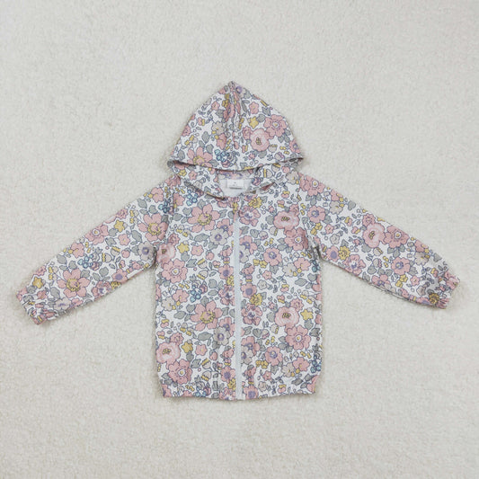 GT0914 Pink Flowers Print Girls Zipper Jackets Hoodie Top