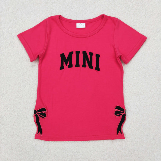 GT0917  MINI Black Bow Embroidery Hot Pink Girls Summer Short Sleeve Tee Shirts Top