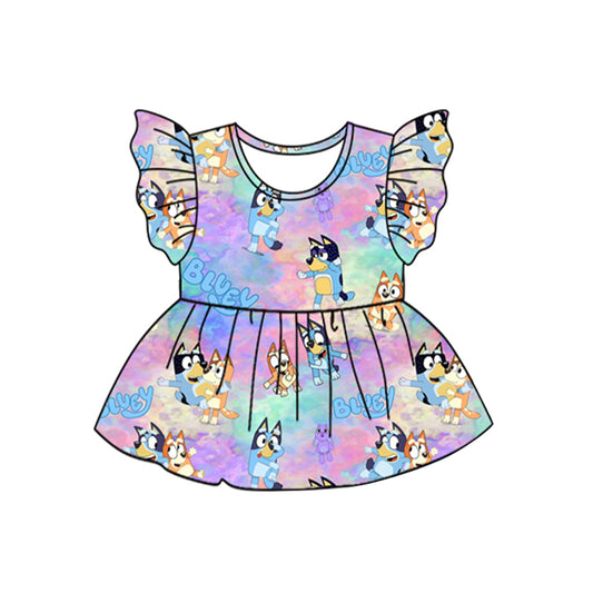 (Pre-order)GT0937  Cartoon Dog Tie-dye Print Girls Short Sleeve Tee Shirts Top