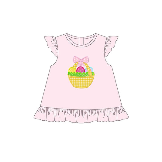 (Pre-order)GT0944  Basket Eggs Print Girls Easter Short Sleeve Tee Shirts Top