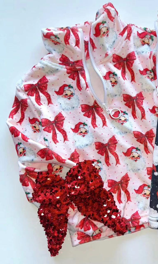 (Pre-order)GT0974 Santa Red Bows Print Girls Christmas Zipper Tee Shirts Top