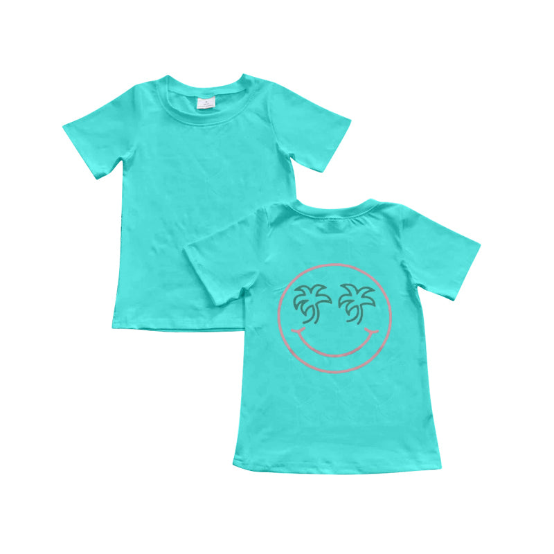 (Pre-order)GT1021 Coconut Tree Smiling Face Blue Print Girls Summer Tee Shirts Top