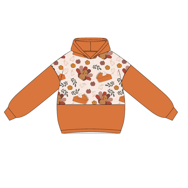 (Pre-order)GT1028 Turkey Pumpkin Orange Print Girls Thanksgiving Hoodie Top