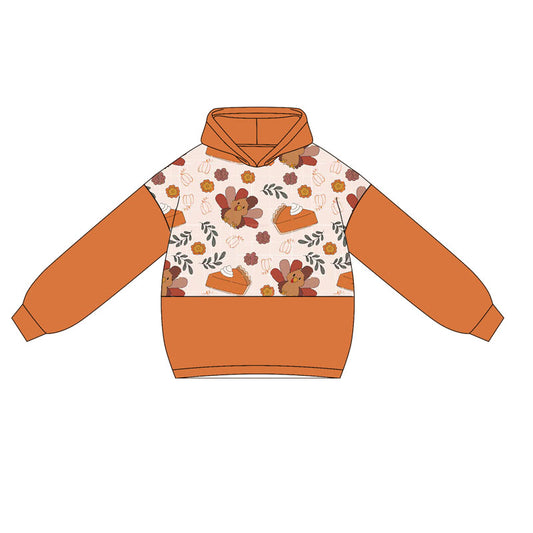 (Pre-order)GT1028 Turkey Pumpkin Orange Print Girls Thanksgiving Hoodie Top