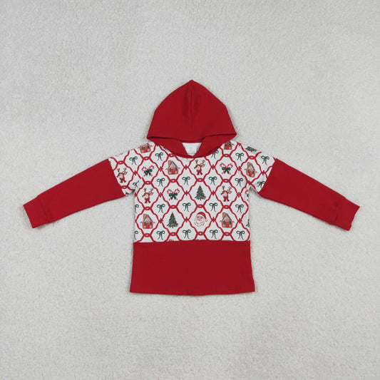GT1042 Santa Bows Red Print Girls Christmas Hoodie Tee Shirts Top