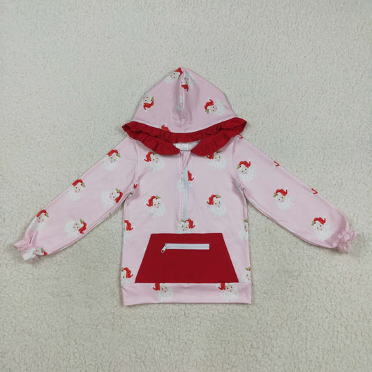 GT1047 Santa Pink Print Girls Christmas Hoodie Pockets Top