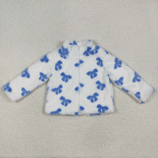 USA-Shop GT1049 Blue Bows White Print Zip Winter Thick Pullover Girls Sherpa Top