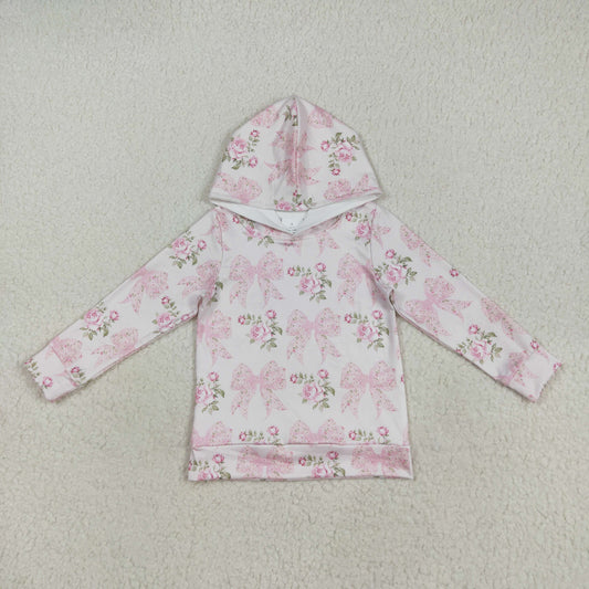 GT1058 Flowers Pink Bows Print Girls Long Sleeve Hoodie Top