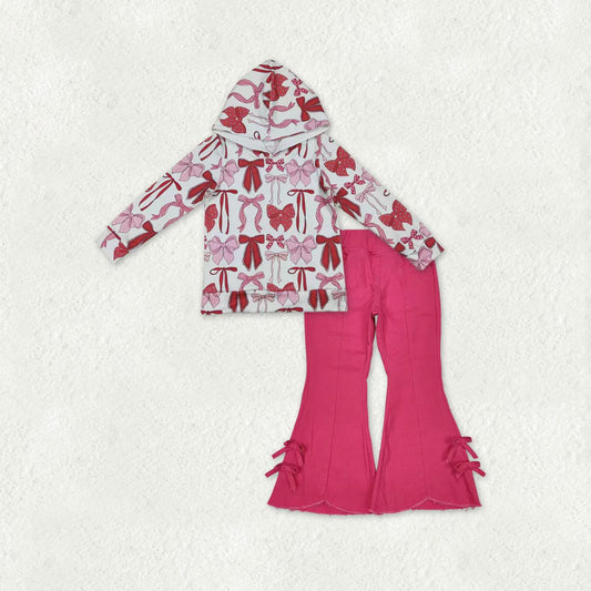 GT1059+P0731 Pink Bows Hoodie Top Pink Jeans Bell Pants Girls Clothes Sets
