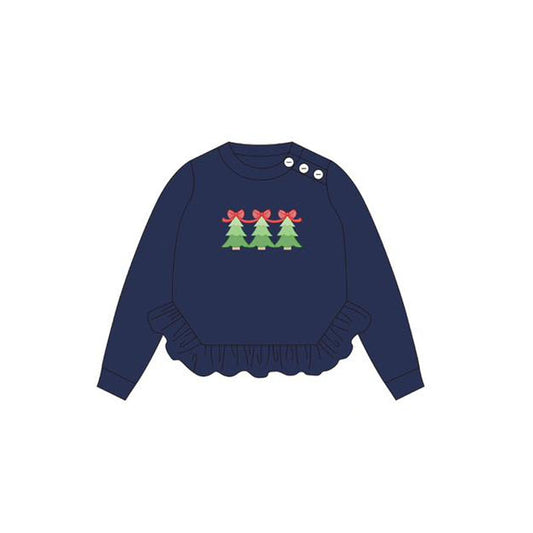 (Pre-order)GT1060 Tree Navy Print Girls Christmas Tee Shirts Top