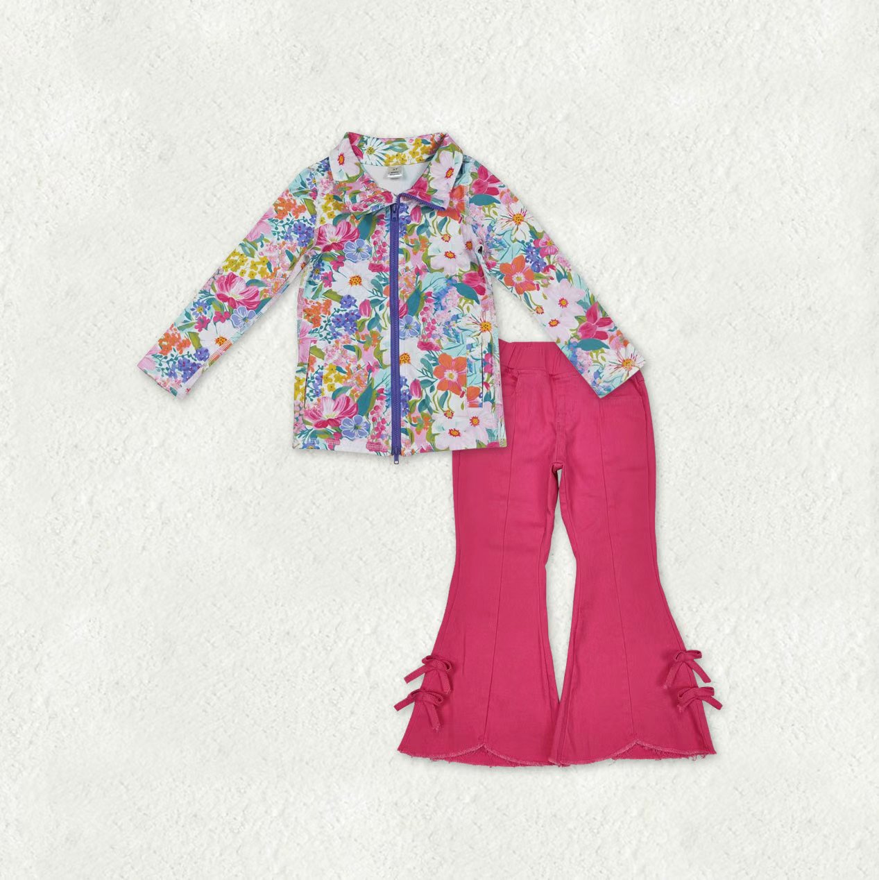 GT1061+P0731 Colorful Flowers Zipper Top Pink Jeans Bell Pants Girls Clothes Sets
