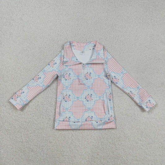GT1062 Small Flowers Plaid Print Girls Yoga Zipper Pullover Top
