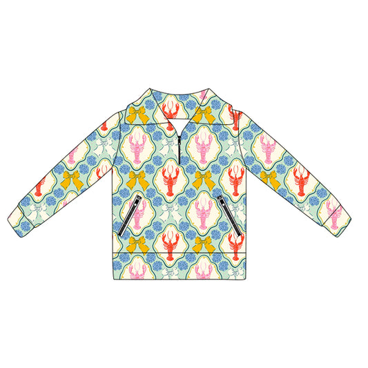 (Pre-order)GT1063 Crayfish Bows Shell Print Girls Yoga Zipper Pullover Top