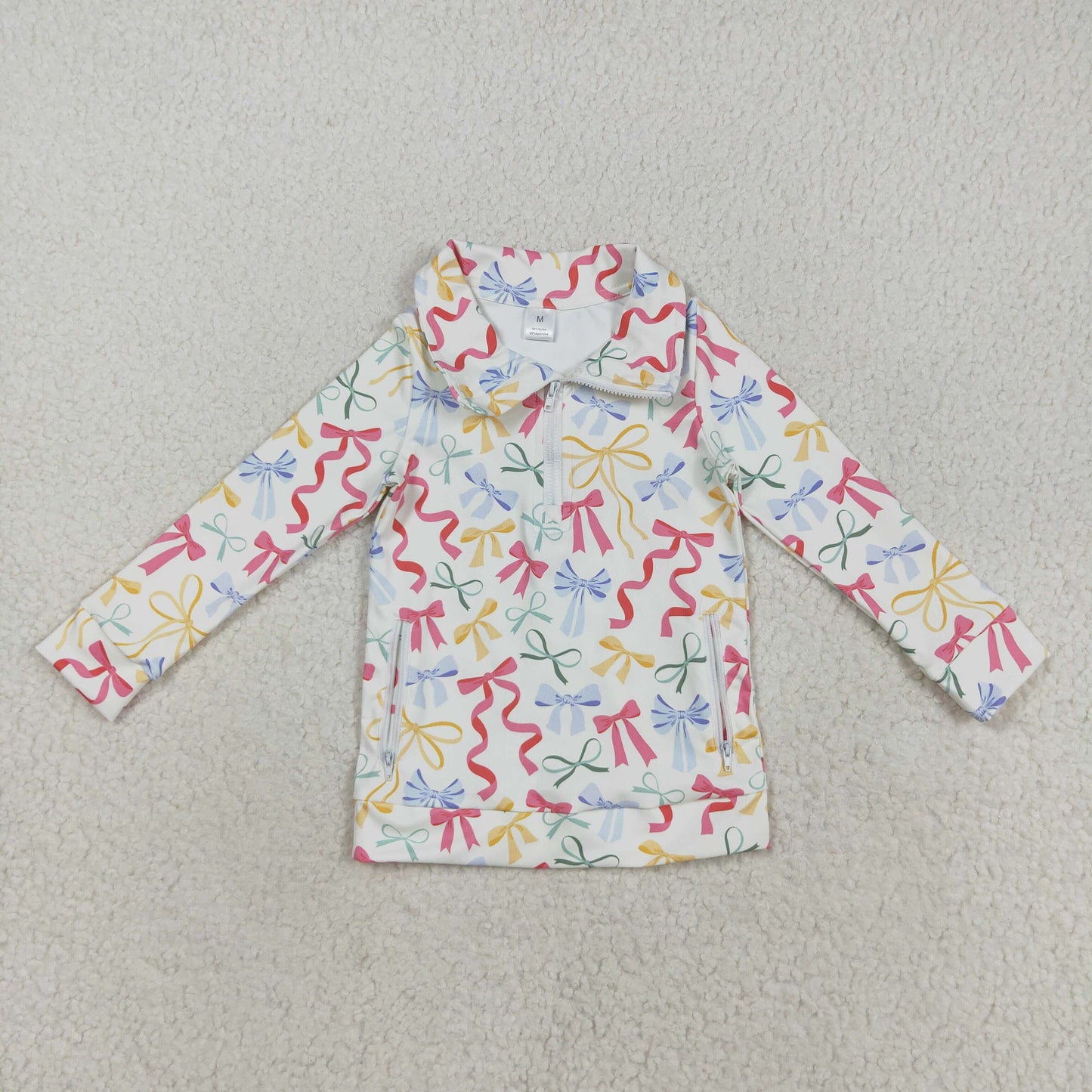 GT1065 Colorful Bows Print Pockets Girls Yoga Zipper Pullover Top