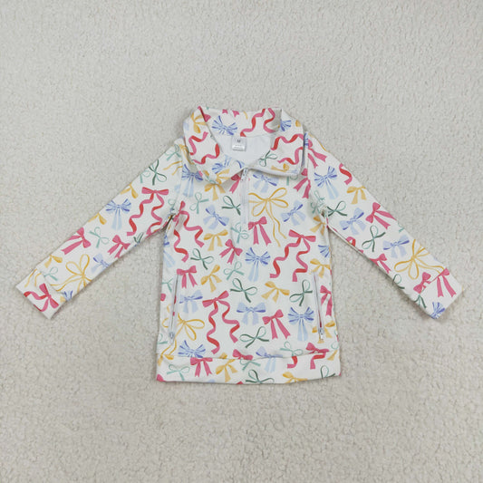 GT1065 Colorful Bows Print Pockets Girls Yoga Zipper Pullover Top