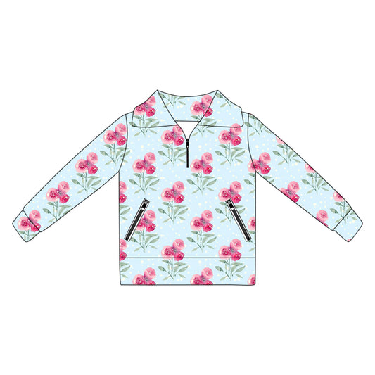 (Pre-order)GT1066 Pink Flowers Blue Print Girls Yoga Zipper Pullover Top
